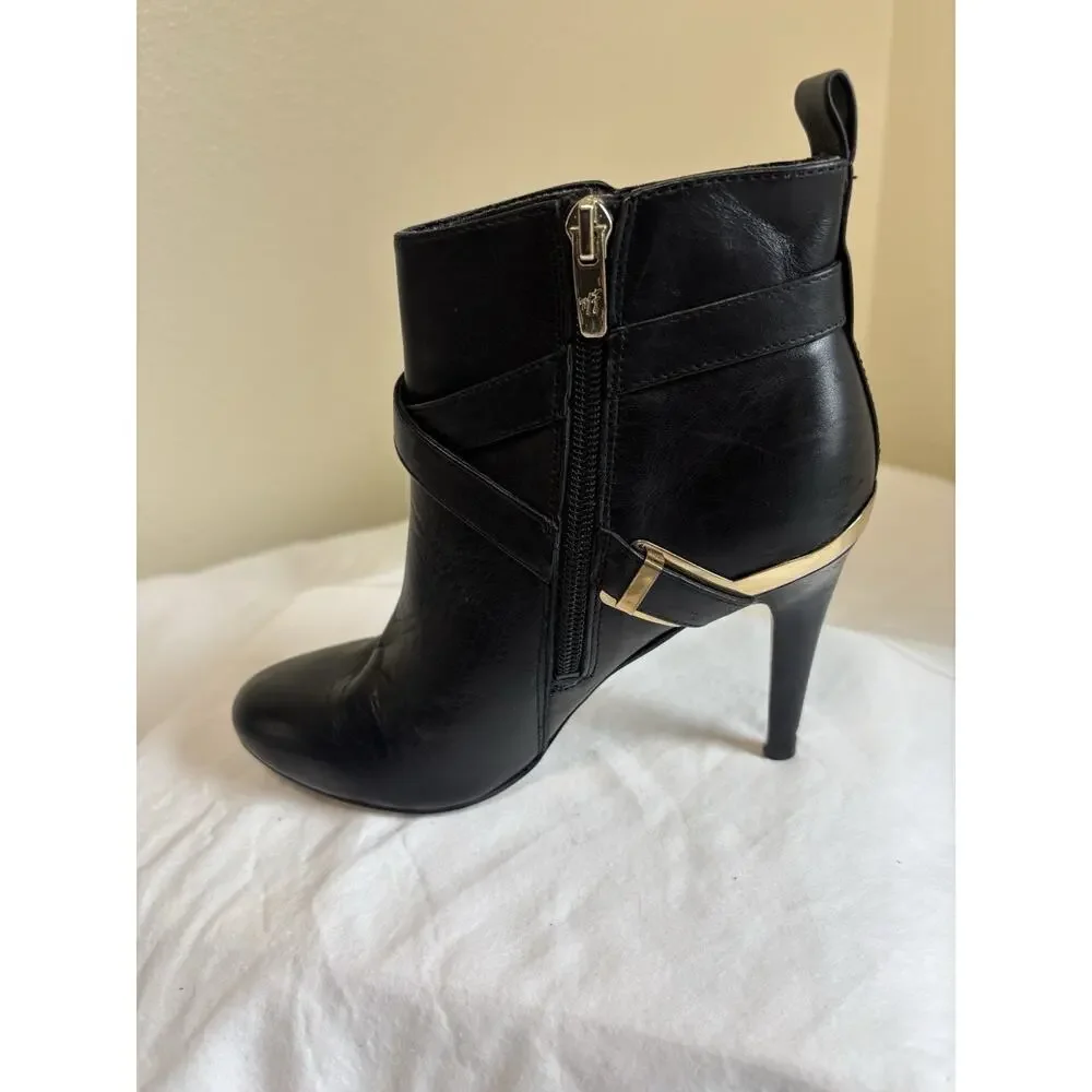 Marc Fisher Aprille Ankle Booties Black Leather & Gold Sz 5.5 Night Out Clubbing